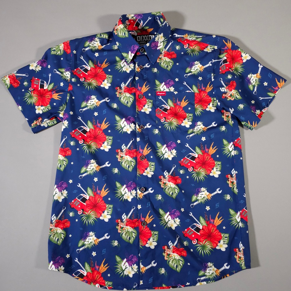 Dixxon Snap-On Tools Shirt Mens Medium Blue Hawaiian Tropical Hula Pinup Limited